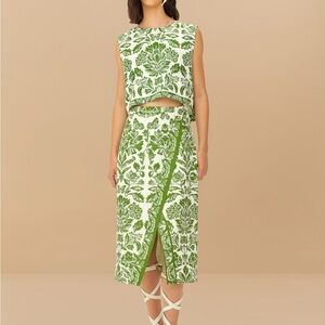 FARM Rio Green and White Floral Wrap Skirt